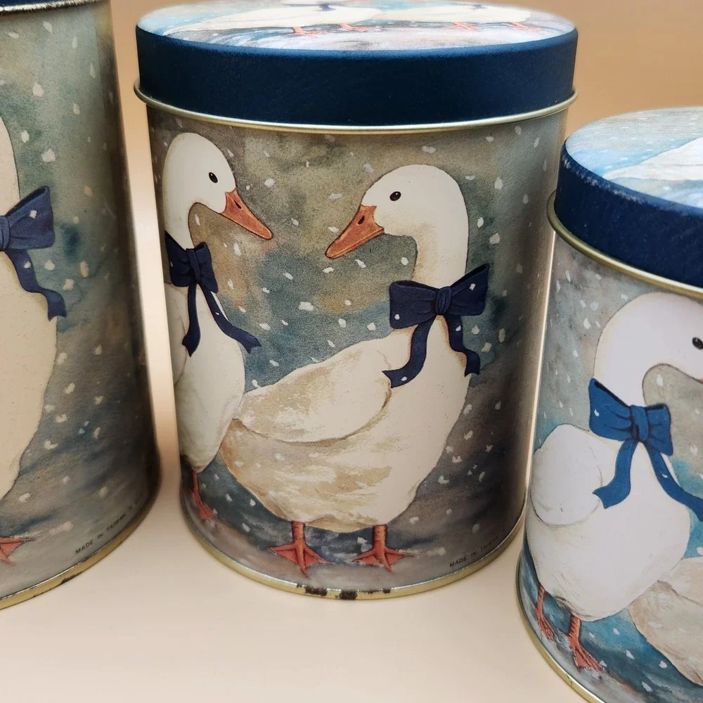 3pc Vintage Blue Ribbon Country Goose Nesting Tin Canisters Cottagecore Granny